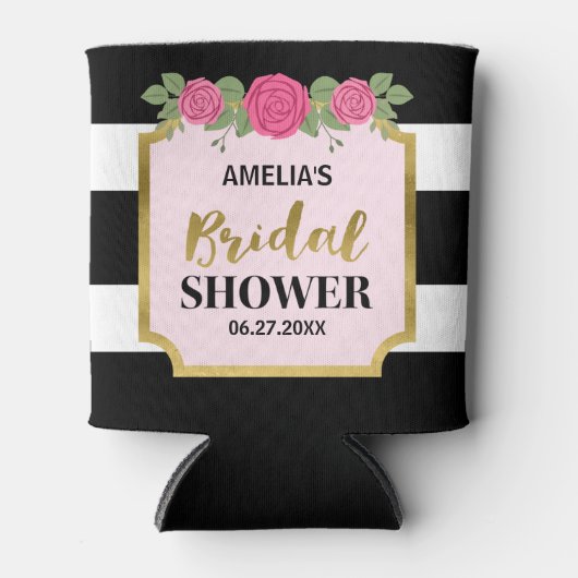 Schwarz-Weiß Streifen Rosenrosen Brautparty Dosenkühler (Vorderseite)