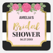 Schwarz-Weiß Streifen Rosenrosen Brautparty Quadratischer Aufkleber (Vorderseite)