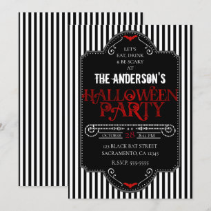 Schwarz Weiß Streifen Rot Gothic Halloween Party Einladung