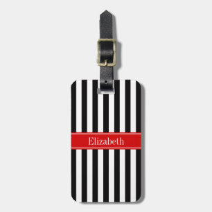 Schwarz Weiß Streifen Rotes Band Name Monogramm Gepäckanhänger