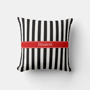 Schwarz Weiß Streifen Rotes Band Name Monogramm Kissen