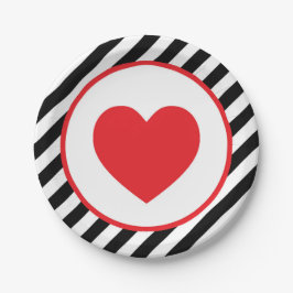 Schwarz-Weiß Streifen Rotes Herz Pappteller