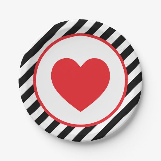 Schwarz-Weiß Streifen Rotes Herz Pappteller (Vorderseite)