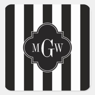 Schwarz Weiß Streifen Schwarz Vierpass 3 Monogramm Quadratischer Aufkleber