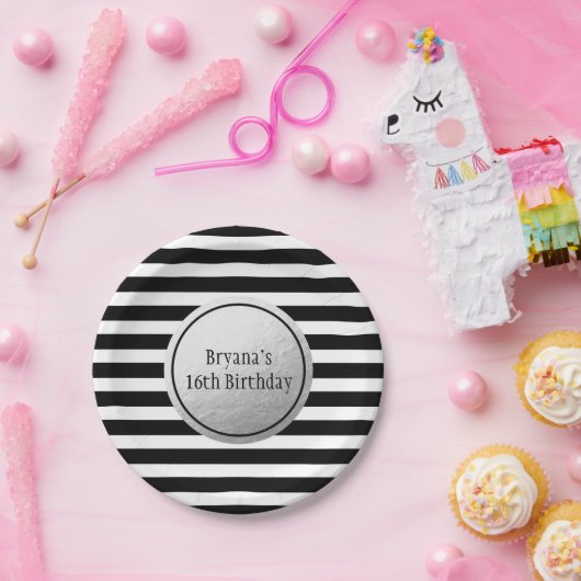 Schwarz-Weiß Streifen Silber-Imitate Fossil Party Pappteller (Party)