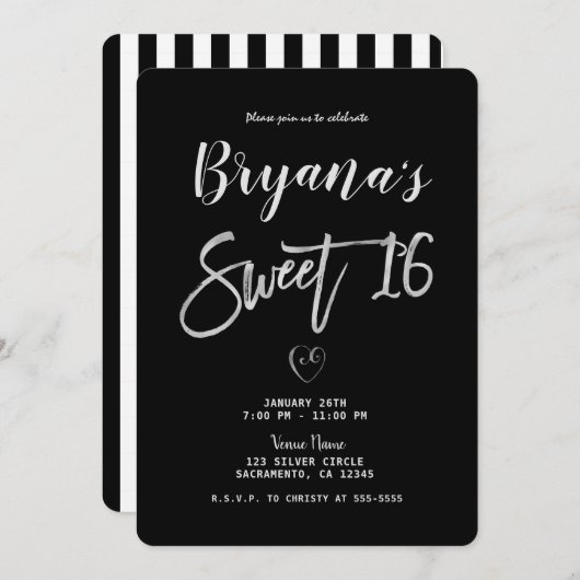 Schwarz & Weiß Streifen Silberherz Chic Sweet 16 Einladung (Vorne/Hinten)