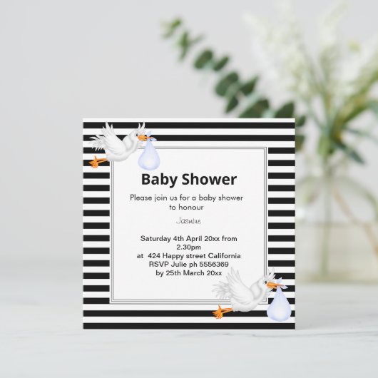 Schwarz-Weiß-Streifen Stork Babydusche Einladung (Stehend Vorderseite)