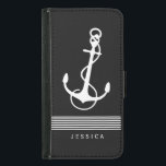 Schwarz-Weiß-Streifen und Anker für Wasserfahrzeug Samsung Galaxy S5 Geldbeutel Hülle<br><div class="desc">Weißer Anker mit dekorativen weißen Streifen und individuell anpassbarem Monogramm auf schwarzem Hintergrund. Wenn Sie Hilfe bei der Anpassung eines meiner Designs benötigen,  kontaktieren Sie ArtOnWear Designer. Kostenlose Textformatierung mit Live-Hilfe auf Anfrage.</div>