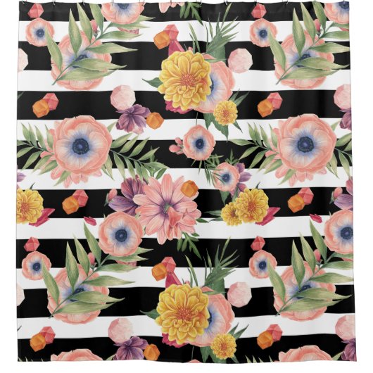 Schwarz-Weiß-Streifen und Blume Duschvorhang (Vorderseite)