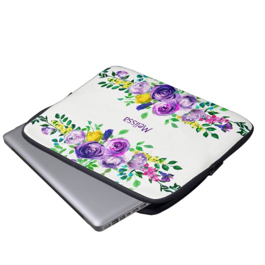 Schwarz-Weiß-Streifen und farbenfrohe Peonys Name Laptopschutzhülle (Vorne Knopf)