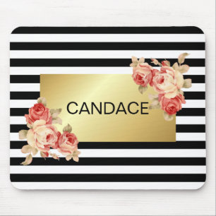 Schwarz-Weiß-Streifen und Gold mit antiken Rosen Mousepad