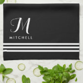 Schwarz-Weiß-Streifen und Monogramm Geschirrtuch (Gefaltet)