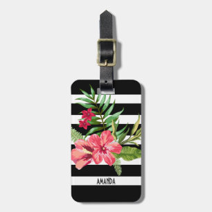 Schwarz-Weiß-Streifen und rosa Blume Gepäckanhänger