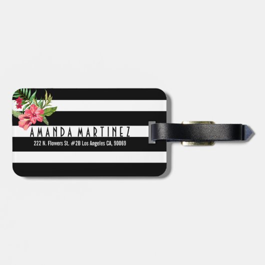 Schwarz-Weiß-Streifen und rosa Blume Gepäckanhänger (Rückseite horizontal)