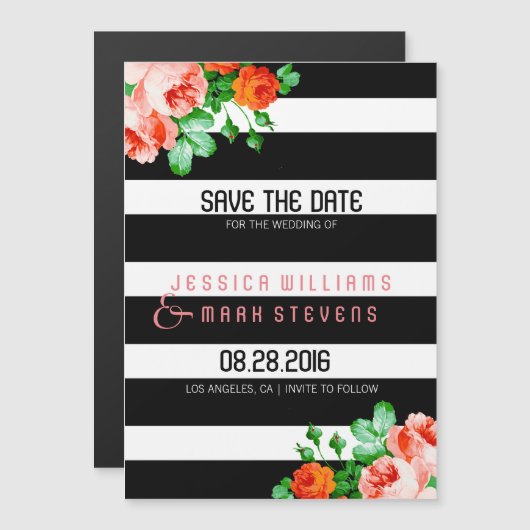 Schwarz-Weiß-Streifen und rosa Rosen-Akzent Magneteinladung (Vorne/Hinten)