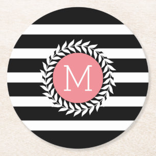 Schwarz-Weiß-Streifen und weißer Kranz Runder Pappuntersetzer