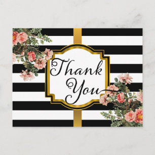 Schwarz-Weiß-Streifen Vintage-Blumen-Dankeschön Postkarte