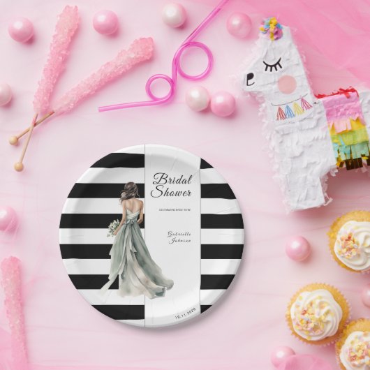Schwarz-Weiß-Streifen Wasserfarbenes Brautparty Pappteller (Party)