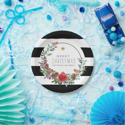 Schwarz & Weiß Streifen Weihnachten Robin Wreath Pappteller (Party)