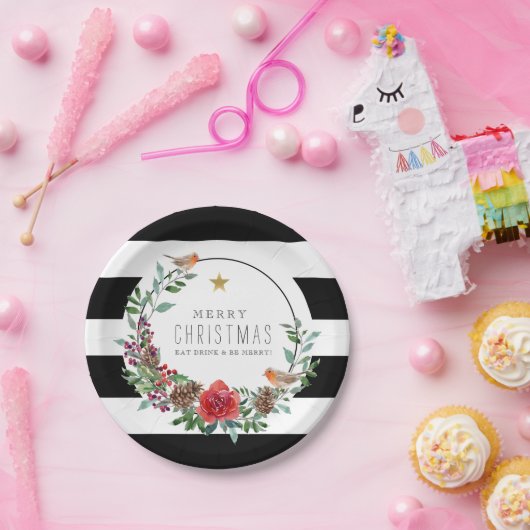 Schwarz & Weiß Streifen Weihnachten Robin Wreath Pappteller (Party)