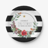 Schwarz & Weiß Streifen Weihnachten Robin Wreath Pappteller (Vorderseite)
