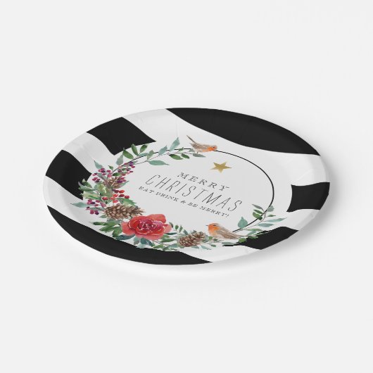 Schwarz & Weiß Streifen Weihnachten Robin Wreath Pappteller (Schrägansicht)