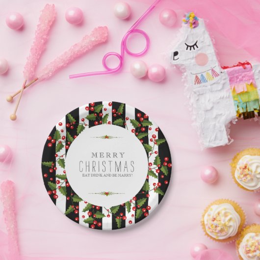 Schwarz-Weiß-Streifen Weihnachtskranz Pappteller (Party)