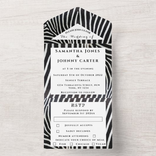 Schwarz-Weiß-Streifen Zebra-Hochzeit All In One Einladung (Innen Boden)