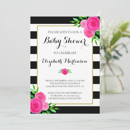 Schwarz-weiß Strickfarbene Blumendusche Einladung (Stehend Vorderseite)