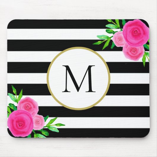 Schwarz-weiß Strickfarbene Floral Monogramm Mousepad (Vorne)