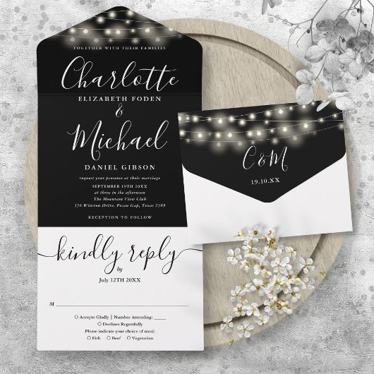Schwarz-Weiß-String-Lichter Chic-Script-Hochzeit All In One Einladung