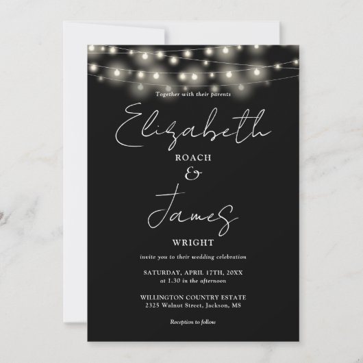 Schwarz-Weiß-String-Lichter Chic-Script-Hochzeit Einladung (Vorderseite)