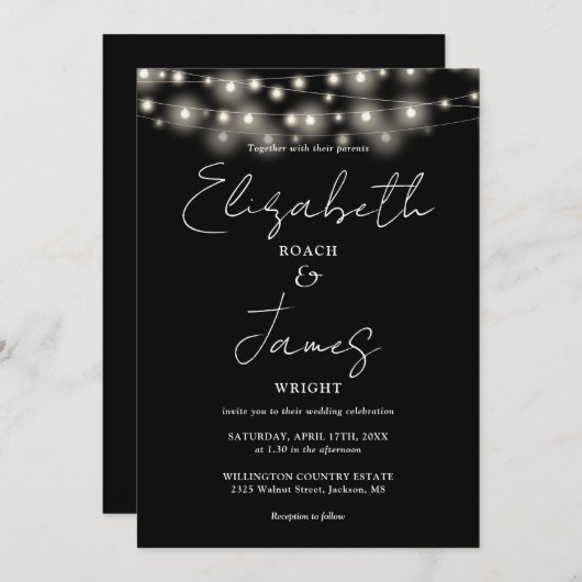 Schwarz-Weiß-String-Lichter Chic-Script-Hochzeit Einladung (Vorne/Hinten)