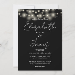 Schwarz-Weiß-String-Lichter Chic-Script-Hochzeit Einladung