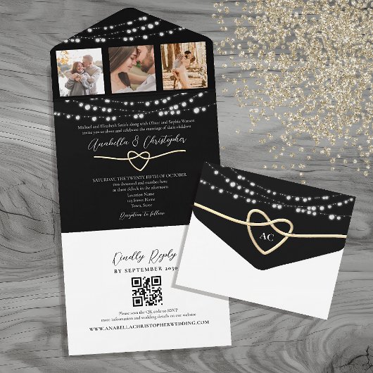 Schwarz-Weiß-String-Lights Hochzeiten QR-Code All In One Einladung