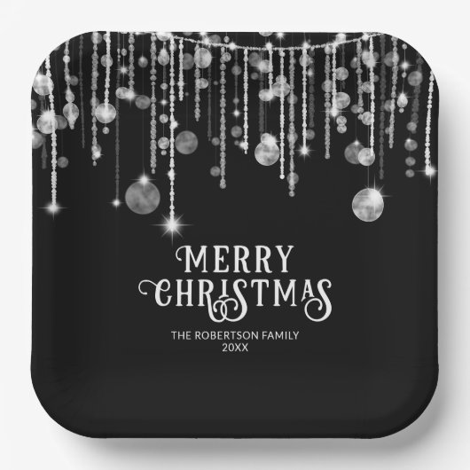 Schwarz-Weiß-String-Lights Weihnachts-Party Pappteller (Vorderseite)