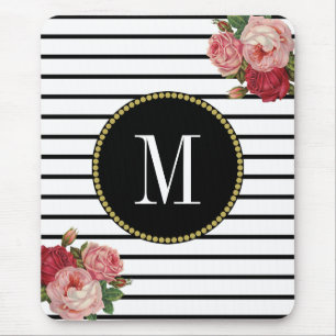 Schwarz-weiß Strip Antiboho Floral Monogramm Mousepad