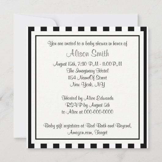 Schwarz-weiß Strip Baby Dusche Einladung (Rückseite)