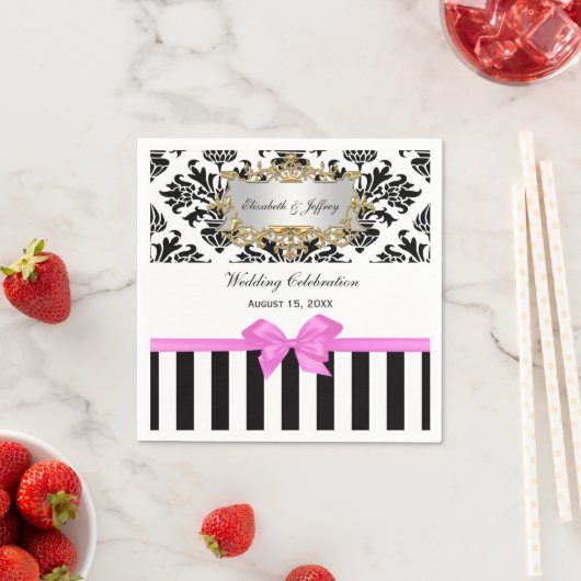 Schwarz-weiß Strip Damask Blubble Gum Pink Ribbon Serviette (Beispiel)