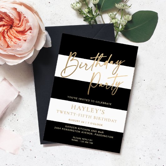 Schwarz-weiß Strip Gold Geburtstag Einladung