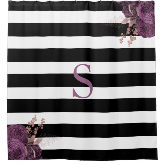 Schwarz-weiß Strip Mauve Rose Gold Floral Monogram Duschvorhang (Vorderseite)