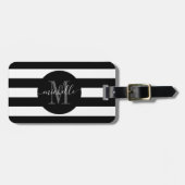 Schwarz-weiß Strip Monogram Girly Script Circle Gepäckanhänger (Vorderseite horizontal)