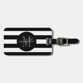 Schwarz-weiß Strip Monogram Girly Script Circle Gepäckanhänger