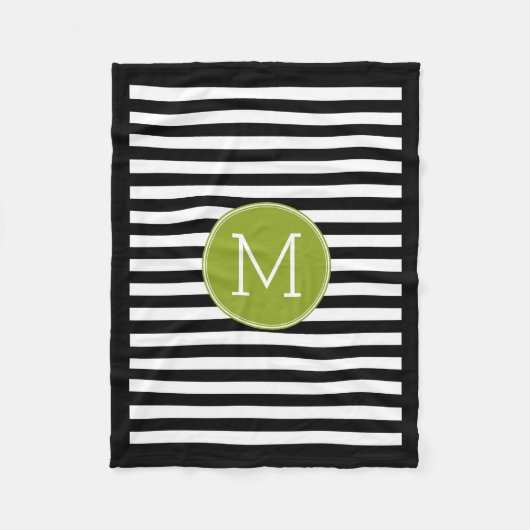 Schwarz-weiß Strip Muster Preppy Green Monogram Fleecedecke (Vorderseite)