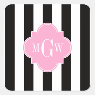 Schwarz-weiß Strip Pink Quatrefolie 3 Monogramm Quadratischer Aufkleber