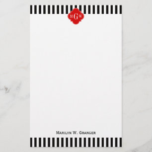Schwarz-weiß Strip Red Quatrefolie 3 Monogramm Briefpapier