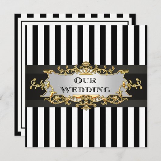 Schwarz-weiß Stripe Black Ribbon Wedite Einladung (Vorne/Hinten)