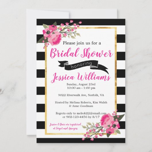Schwarz-weiß Stripe Blumendusche Einladung (Vorderseite)