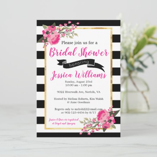 Schwarz-weiß Stripe Blumendusche Einladung (Stehend Vorderseite)