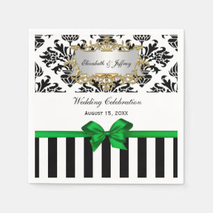 Schwarz-weiß Stripe Damask Emerald Green Ribbon Serviette